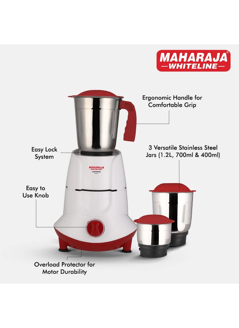 Maharaja Whiteline Unigrind Mixer Grinder with 3 Jars, 500W - MX-251 (White & Red)