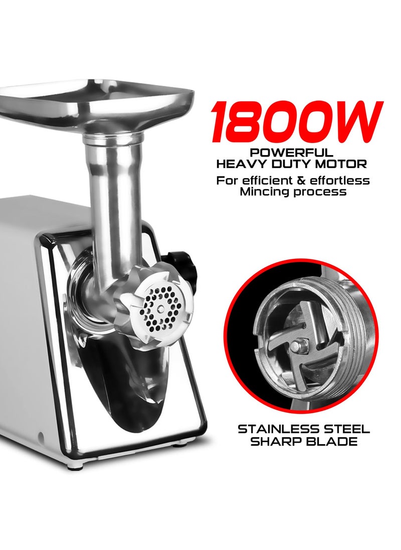 iBELL Stainless Steel Mt1750Y Meat Grinder, 1800W, Heavy Duty Mincer Machine For Mincing/Chopping Meat, Keema/Sausage/Kebab Maker (Silver)