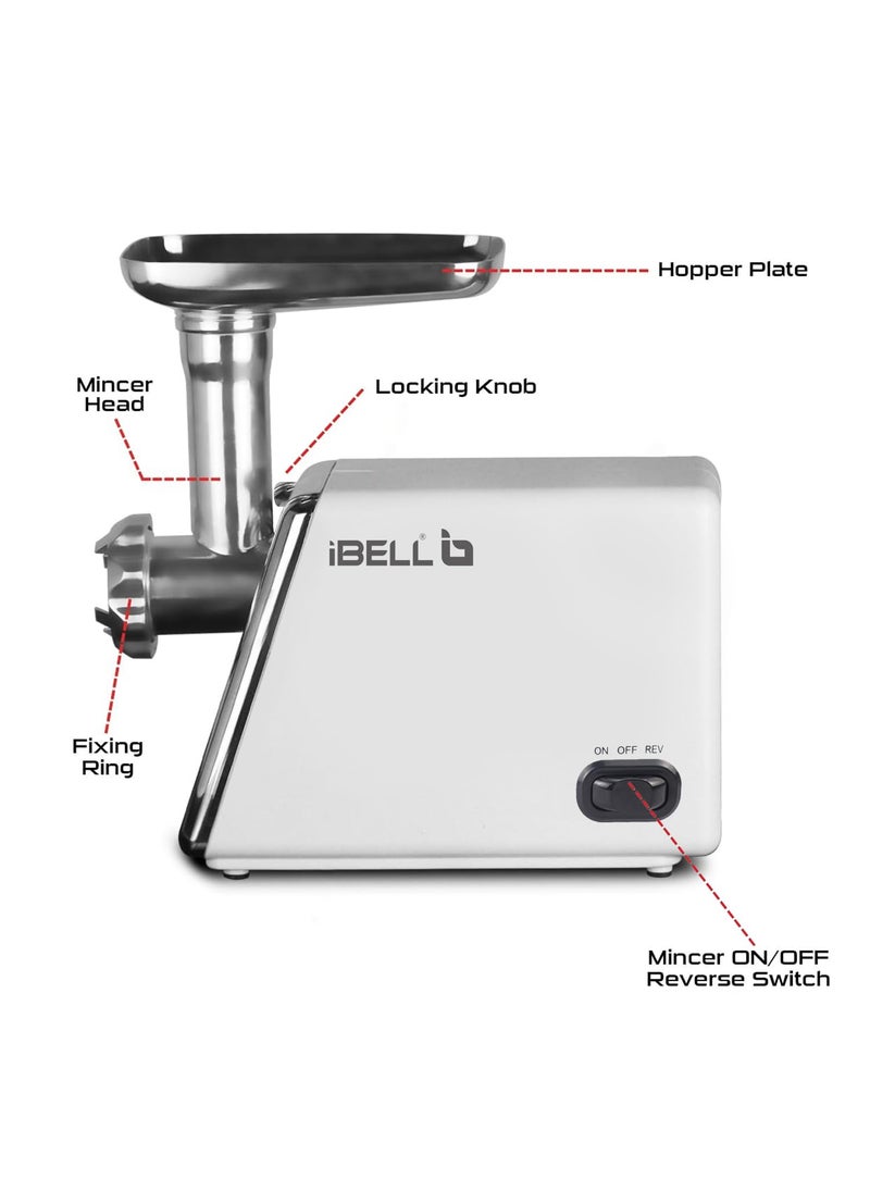 iBELL Stainless Steel Mt1750Y Meat Grinder, 1800W, Heavy Duty Mincer Machine For Mincing/Chopping Meat, Keema/Sausage/Kebab Maker (Silver)