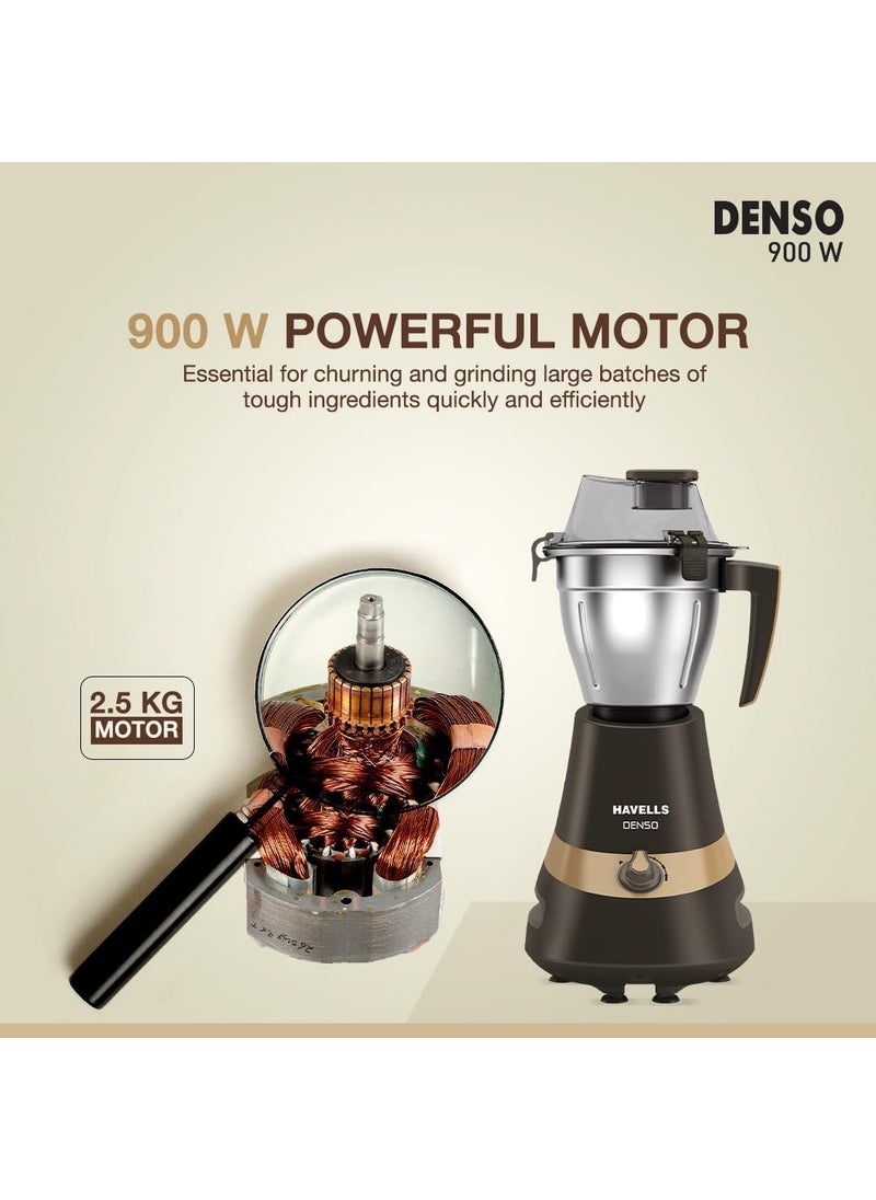 Havells Denso Heavy Duty 900 Watts 3 Jar Mixer Grinder | Ball Bearing Copper Motor | Large Break Resistant Alluminium Collar Jars with Flow Breaker | 2Yr Product & 5Yr Motor Manufacturer Warranty