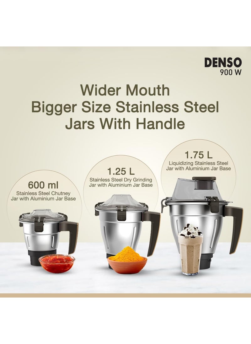 Havells Denso Heavy Duty 900 Watts 3 Jar Mixer Grinder | Ball Bearing Copper Motor | Large Break Resistant Alluminium Collar Jars with Flow Breaker | 2Yr Product & 5Yr Motor Manufacturer Warranty