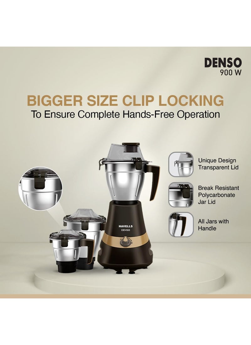Havells Denso Heavy Duty 900 Watts 3 Jar Mixer Grinder | Ball Bearing Copper Motor | Large Break Resistant Alluminium Collar Jars with Flow Breaker | 2Yr Product & 5Yr Motor Manufacturer Warranty