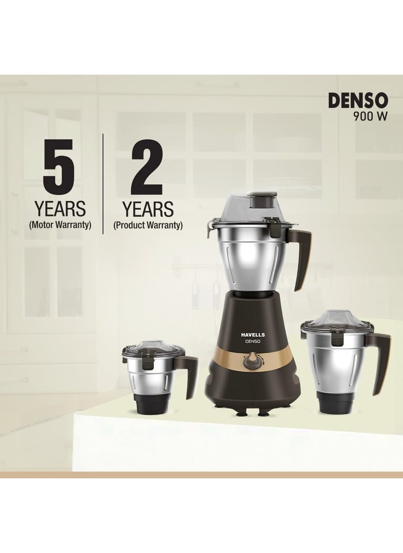 Havells Denso Heavy Duty 900 Watts 3 Jar Mixer Grinder | Ball Bearing Copper Motor | Large Break Resistant Alluminium Collar Jars with Flow Breaker | 2Yr Product & 5Yr Motor Manufacturer Warranty