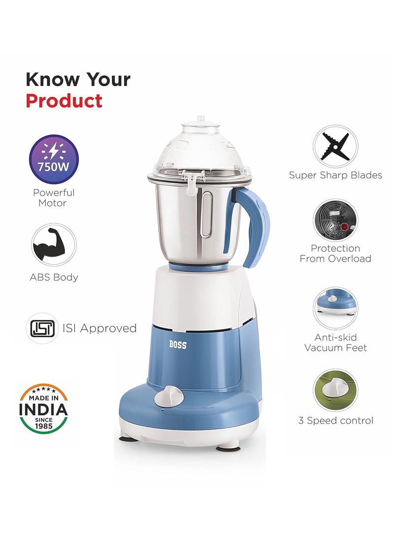 BOSS Excel Pro Mixer Grinder, 750 W, 3 Jars, (Blue)