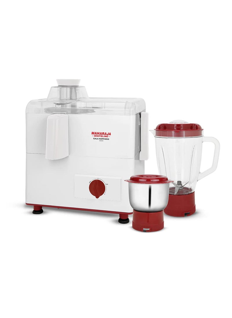 Maharaja Whiteline Gala Happiness Juicer Mixer Grinder with 2 Jars | Long Lasting Performance with 450 Watts| Food Grade Safe | High Grade Mesh for Efficient Juicing | 2 Year Warranty (White)