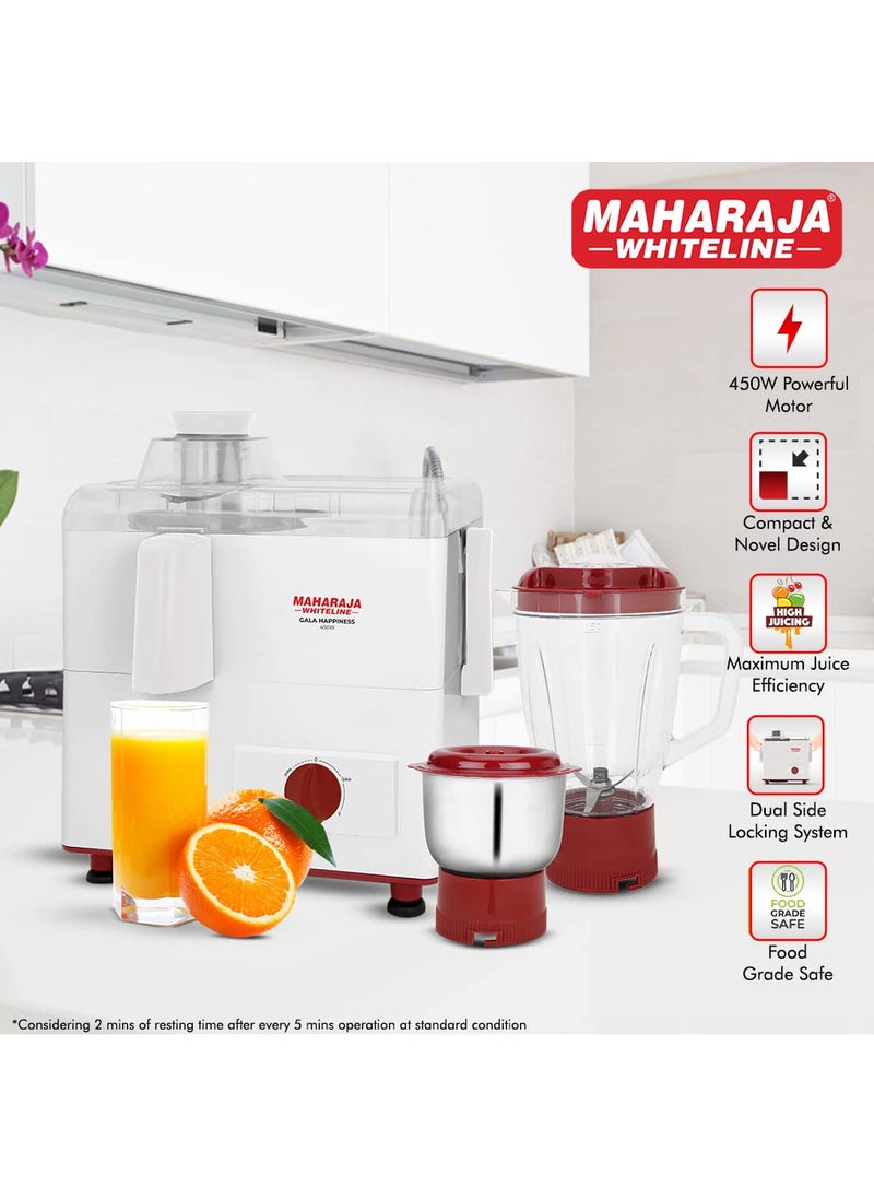 Maharaja Whiteline Gala Happiness Juicer Mixer Grinder with 2 Jars | Long Lasting Performance with 450 Watts| Food Grade Safe | High Grade Mesh for Efficient Juicing | 2 Year Warranty (White)