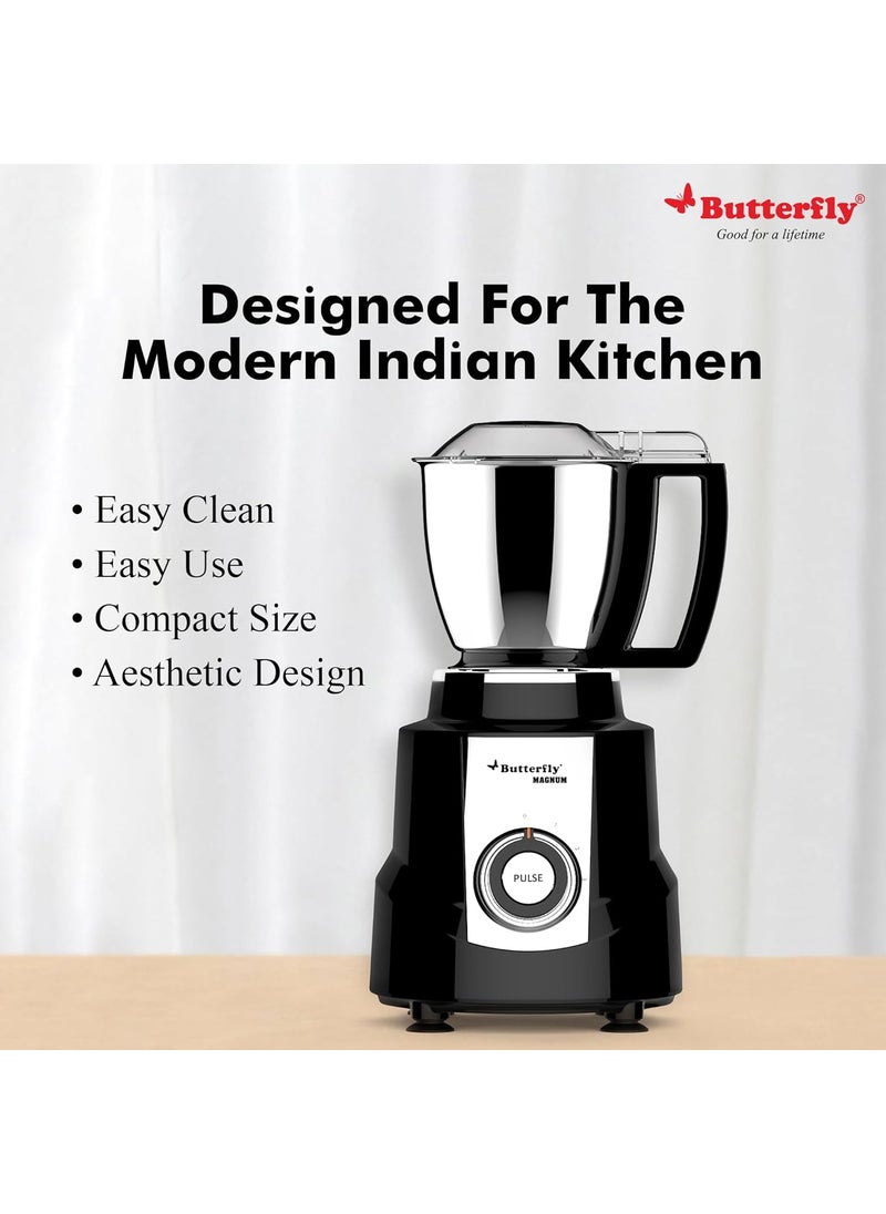 Butterfly Magnum 1.2HP Mixer Grinder with 4 Jars | 100% Copper Motor | 3 Stainless Steel Multipurpose Jars and 1 Juicer Jar | ABS Body | Handsfree Operation | Lifetime Motor Warranty| Black