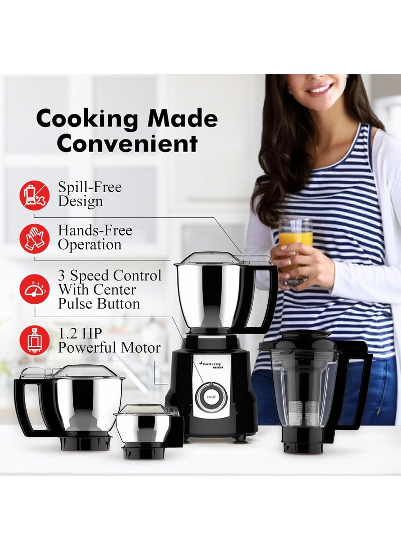 Butterfly Magnum 1.2HP Mixer Grinder with 4 Jars | 100% Copper Motor | 3 Stainless Steel Multipurpose Jars and 1 Juicer Jar | ABS Body | Handsfree Operation | Lifetime Motor Warranty| Black