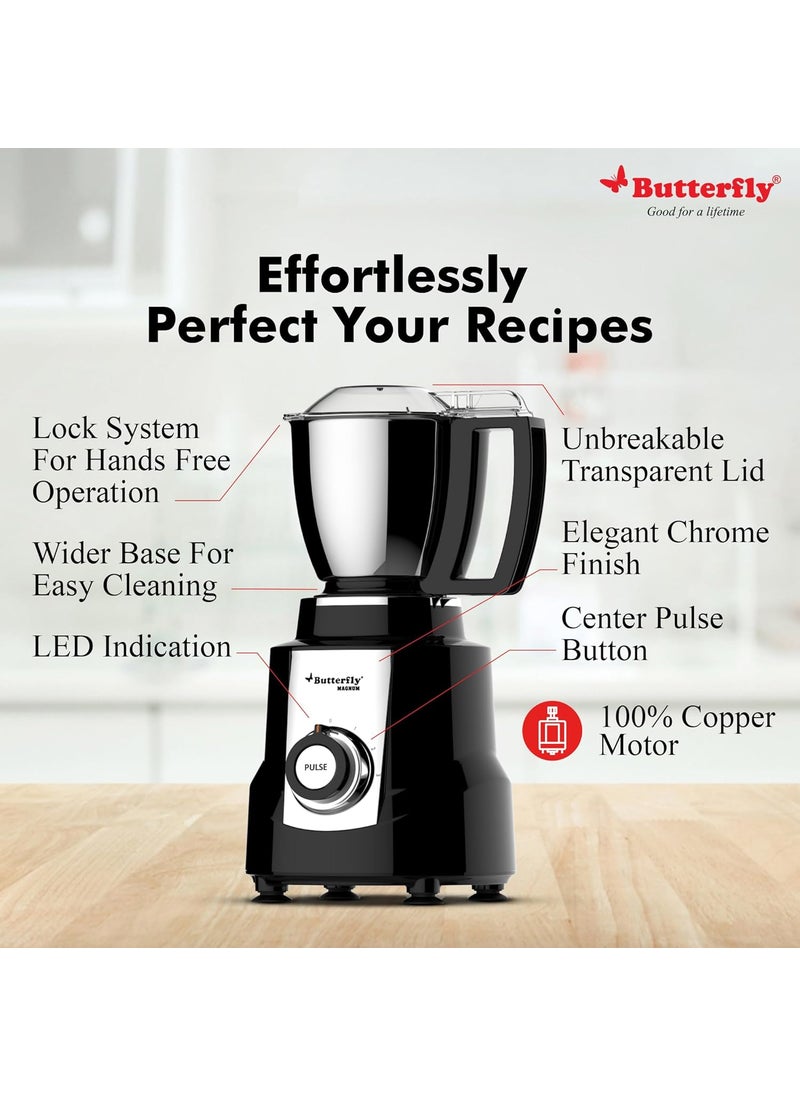 Butterfly Magnum 1.2HP Mixer Grinder with 4 Jars | 100% Copper Motor | 3 Stainless Steel Multipurpose Jars and 1 Juicer Jar | ABS Body | Handsfree Operation | Lifetime Motor Warranty| Black