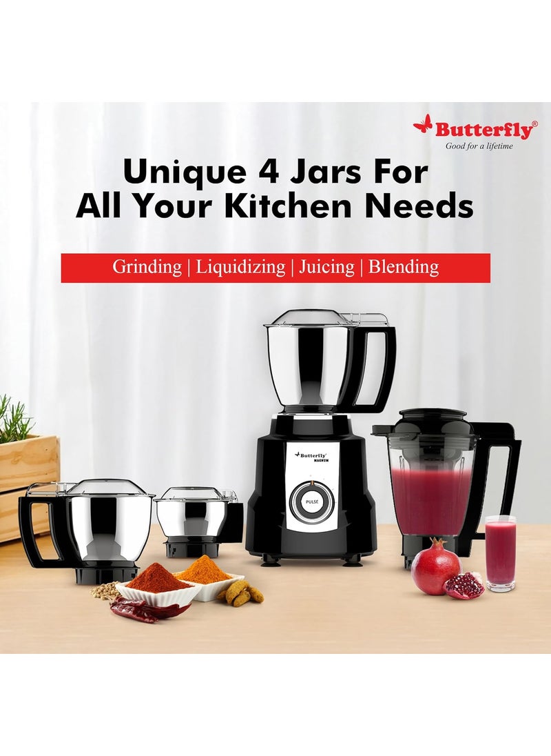 Butterfly Magnum 1.2HP Mixer Grinder with 4 Jars | 100% Copper Motor | 3 Stainless Steel Multipurpose Jars and 1 Juicer Jar | ABS Body | Handsfree Operation | Lifetime Motor Warranty| Black