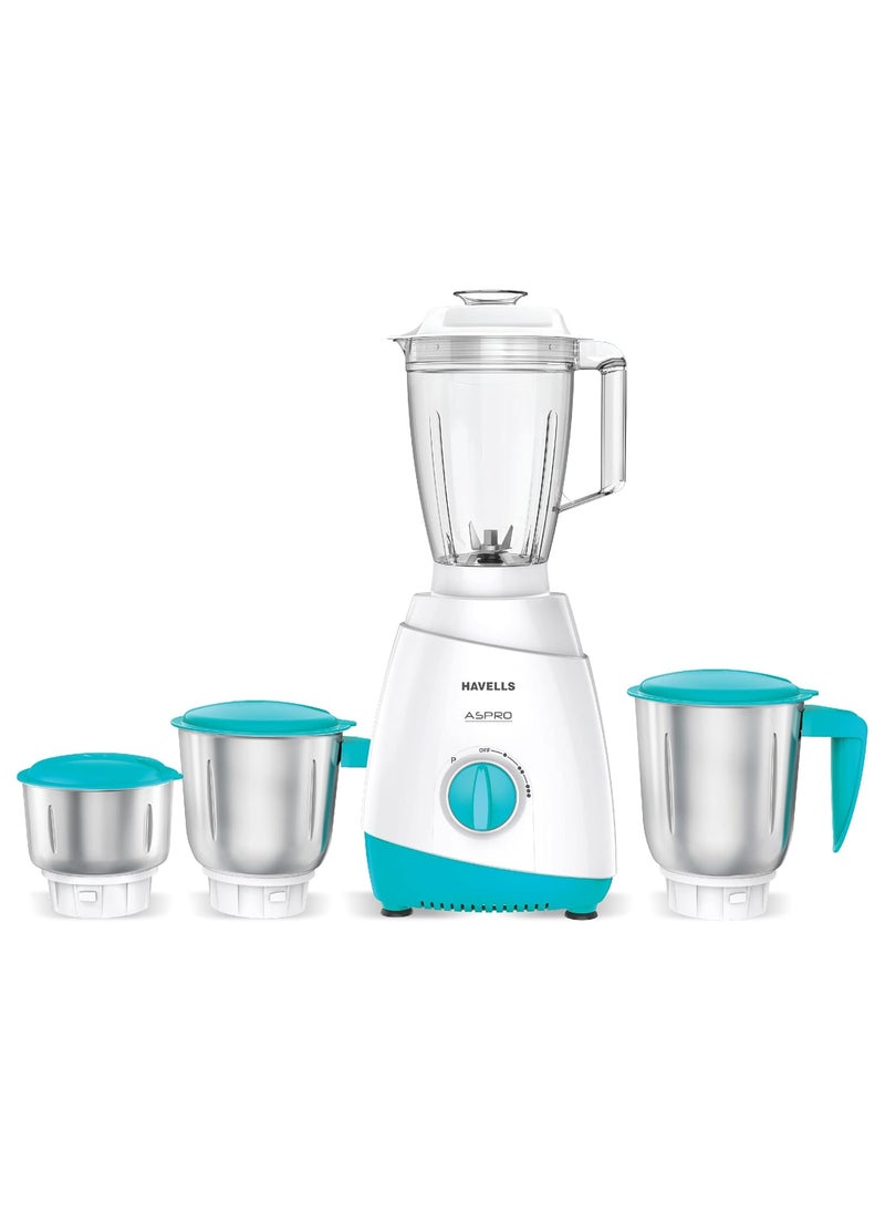 Havells Aspro 4 Jar 500 watt Mixer Grinder with 1.75Ltr Polycarbonate Jar with Fruit Filter, 21000 RPM, Overload Protector, 2 Yr Product & 5 Yr Motor Warranty (White and Light Blue)