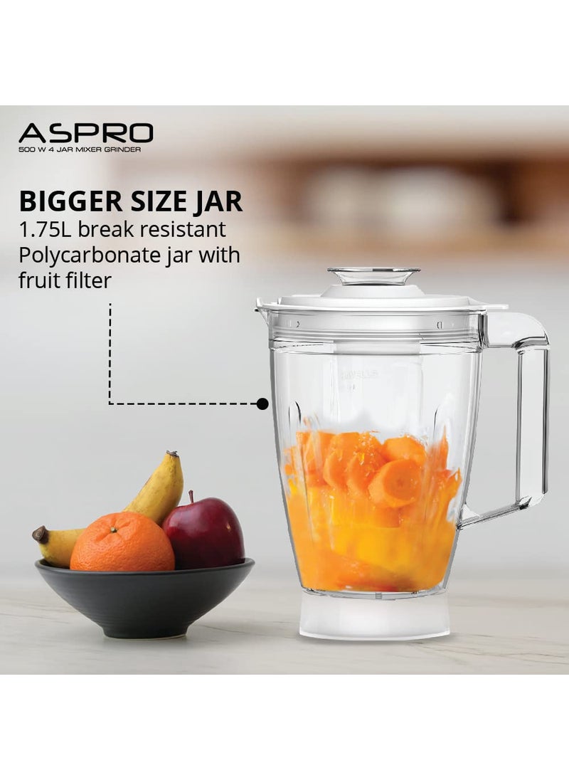 Havells Aspro 4 Jar 500 watt Mixer Grinder with 1.75Ltr Polycarbonate Jar with Fruit Filter, 21000 RPM, Overload Protector, 2 Yr Product & 5 Yr Motor Warranty (White and Light Blue)
