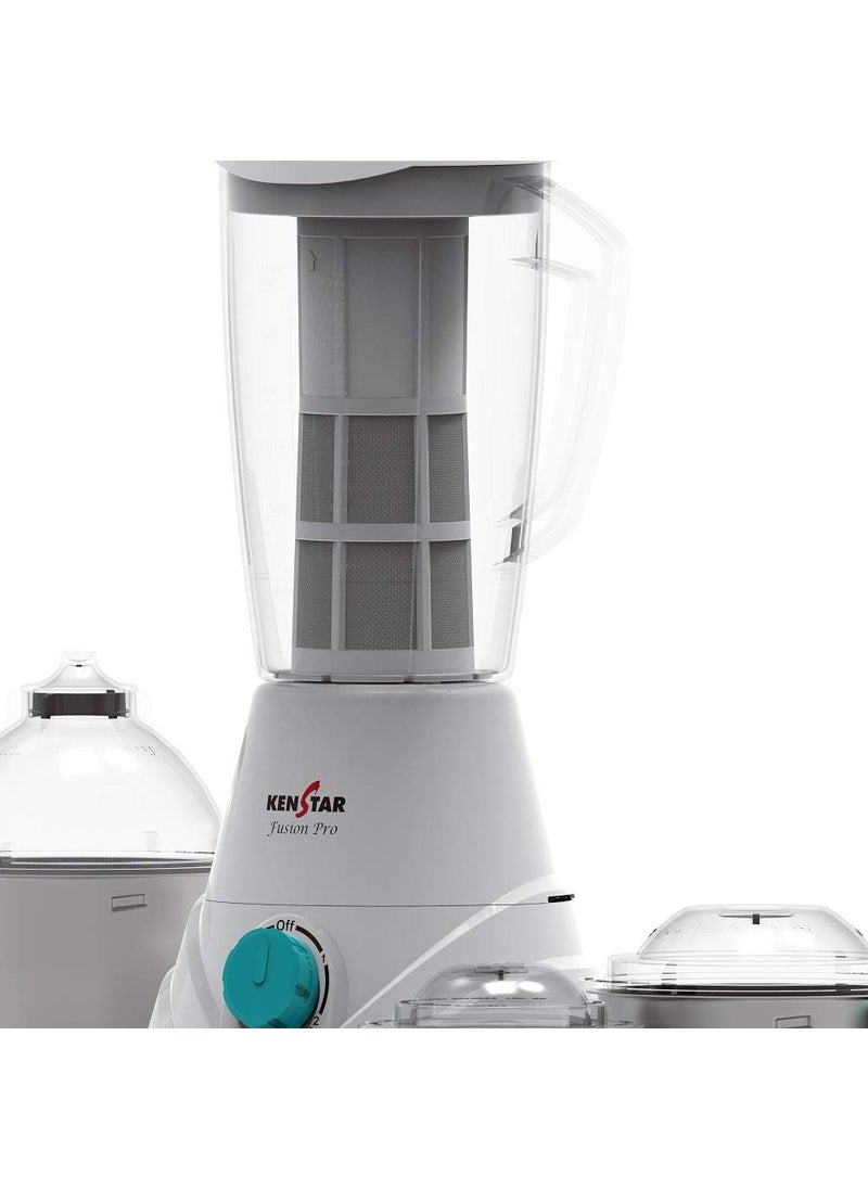 Kenstar Fusion Pro 750-Watt Mixer Grinder with 4 Jars (White & Blue, 3 Steel Jars and Extractor)