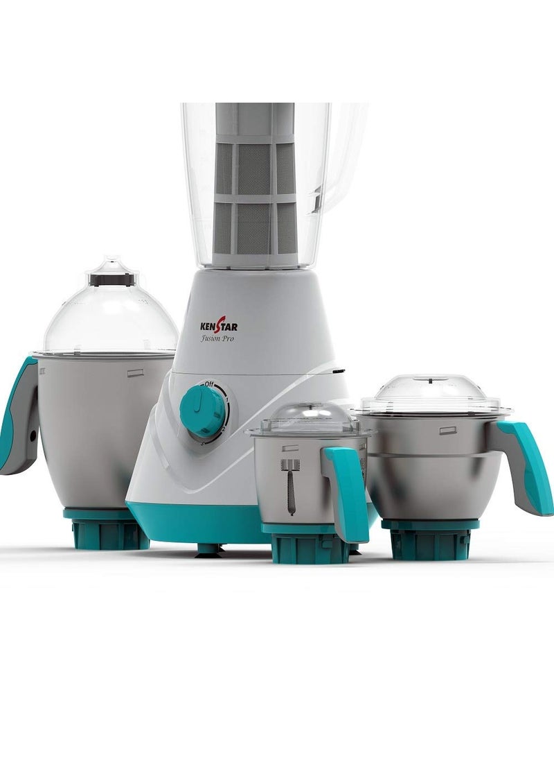 Kenstar Fusion Pro 750-Watt Mixer Grinder with 4 Jars (White & Blue, 3 Steel Jars and Extractor)
