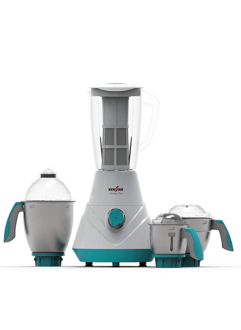 Kenstar Fusion Pro 750-Watt Mixer Grinder with 4 Jars (White & Blue, 3 Steel Jars and Extractor)