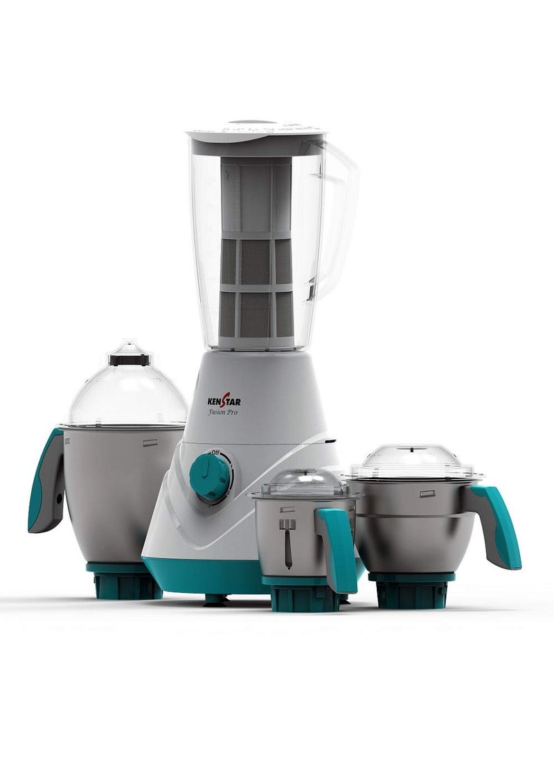 Kenstar Fusion Pro 750-Watt Mixer Grinder with 4 Jars (White & Blue, 3 Steel Jars and Extractor)