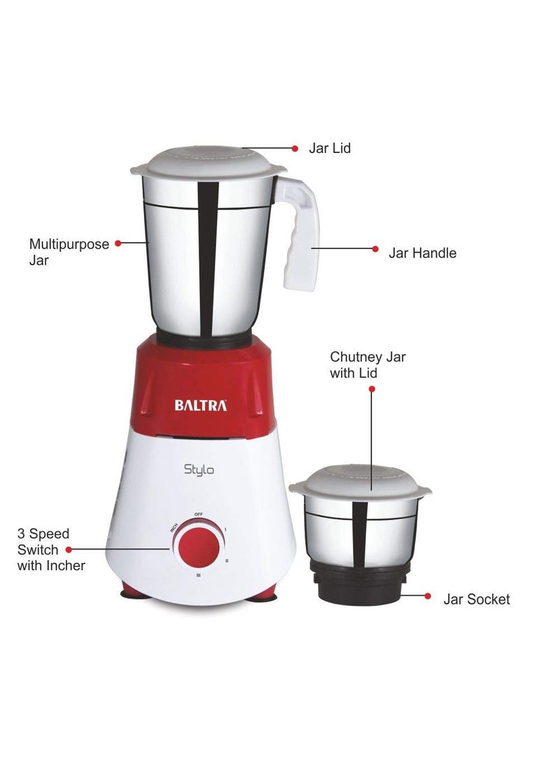 Baltra Stylo 2 550W 2 Jar Mixer Grinder, Red