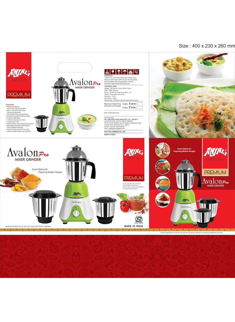 Anjali Avalon Pro 550W Mixer Grinder with 3 Stainless Steel Multipurpose Jars for Juicing | Chutney Making | Dry Grinding | Wet Grinding | 12 Month Warranty | (Green, 3 Jars)