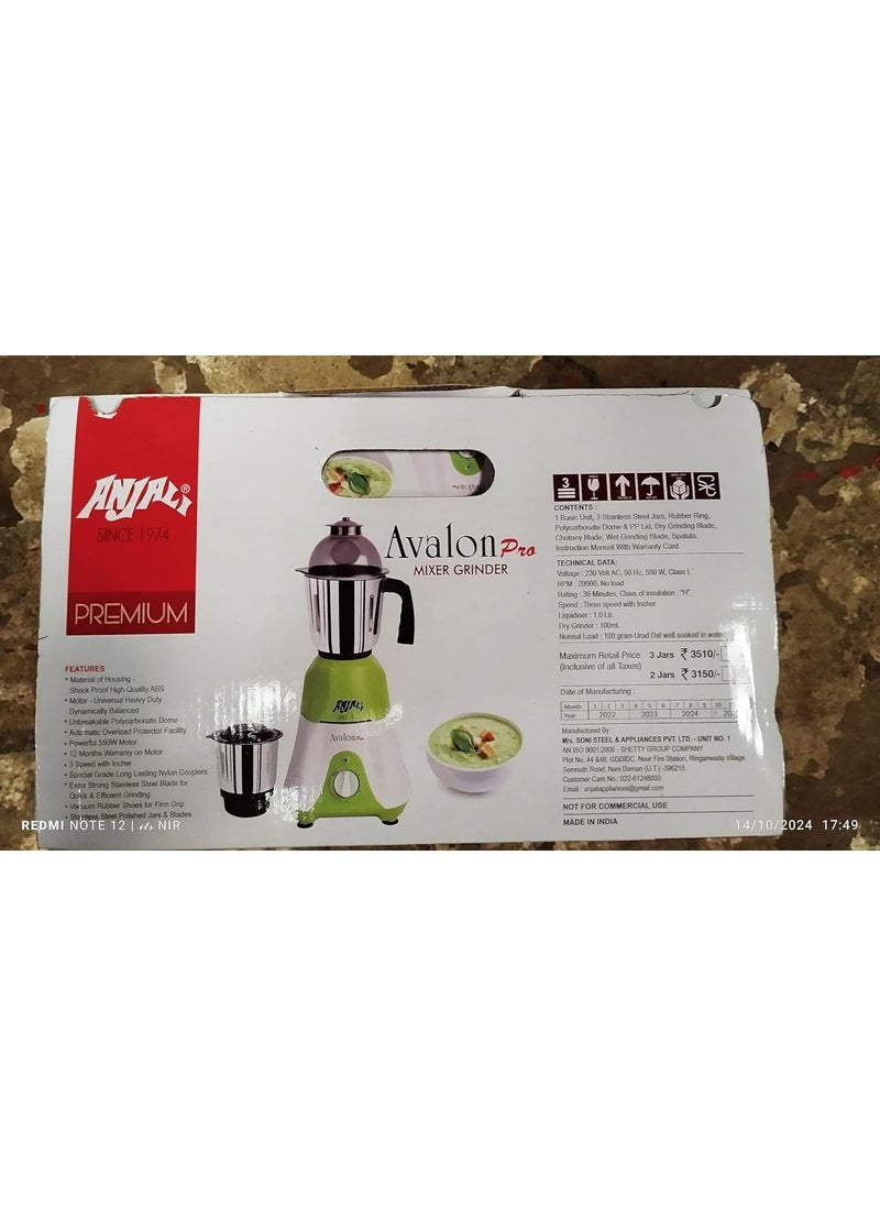 Anjali Avalon Pro 550W Mixer Grinder with 3 Stainless Steel Multipurpose Jars for Juicing | Chutney Making | Dry Grinding | Wet Grinding | 12 Month Warranty | (Green, 3 Jars)