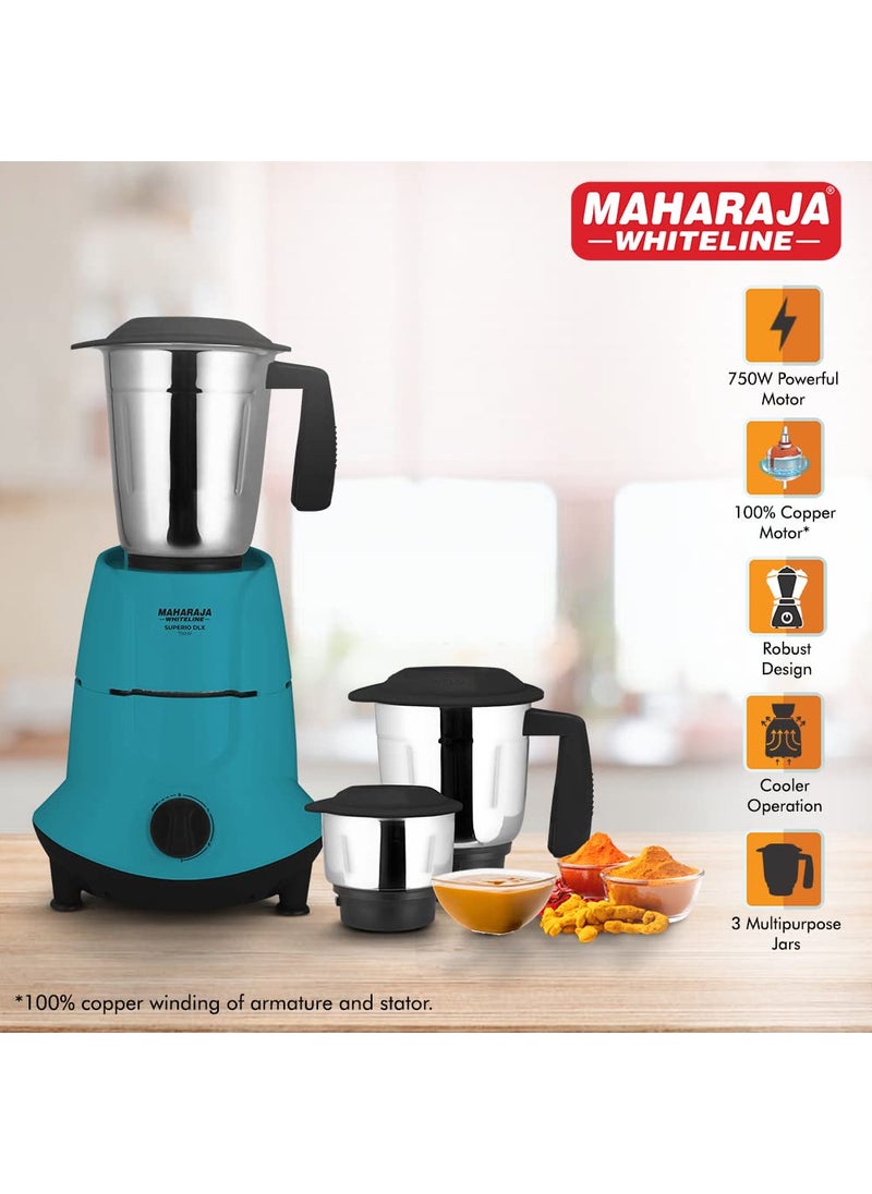 Maharaja Whiteline Superio Dlx Mixer Grinder with 3 Jars, 750W - MX-255 (Turquoise Blue & Black)