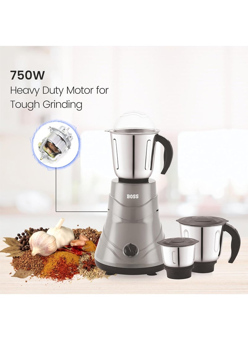 BOSS Alpha 750W Mixer Grinder with Powerful Motor, 5 years warranty* & Overload Protection, 3 Stainless Steel Jars, Grey