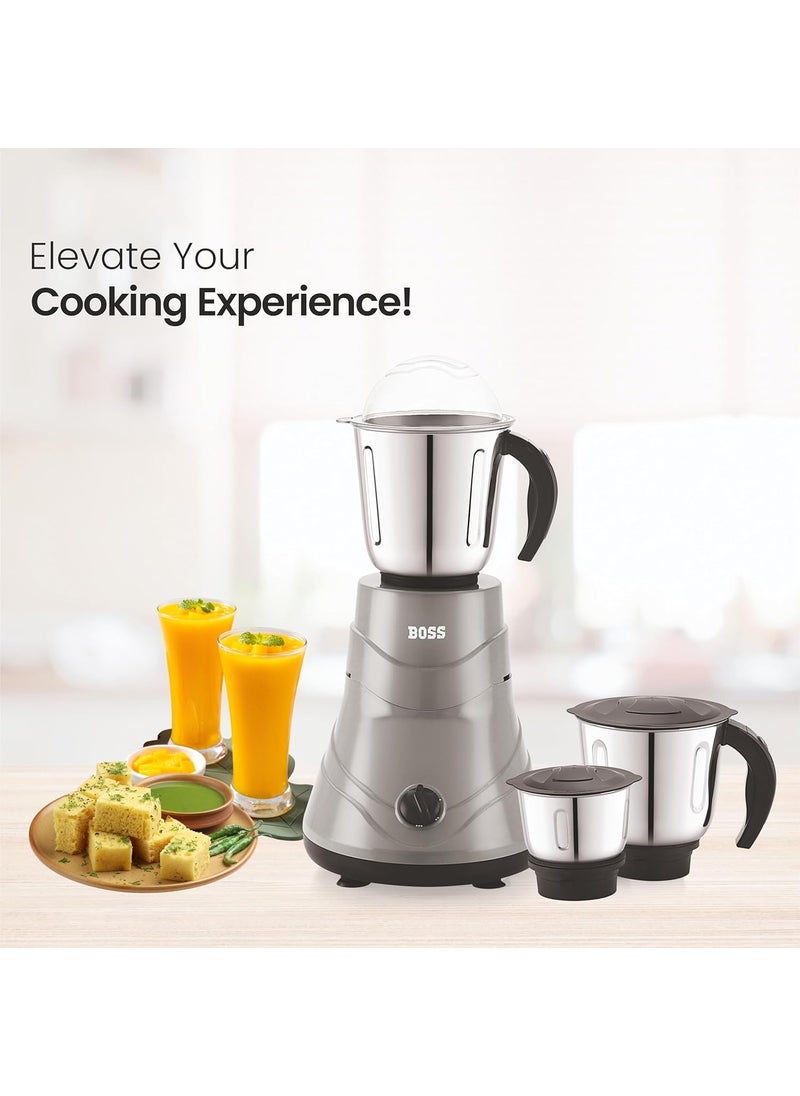 BOSS Alpha 750W Mixer Grinder with Powerful Motor, 5 years warranty* & Overload Protection, 3 Stainless Steel Jars, Grey