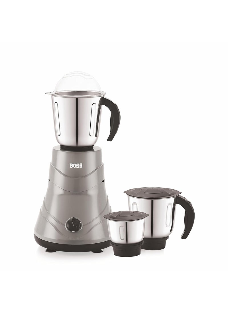 BOSS Alpha 750W Mixer Grinder with Powerful Motor, 5 years warranty* & Overload Protection, 3 Stainless Steel Jars, Grey