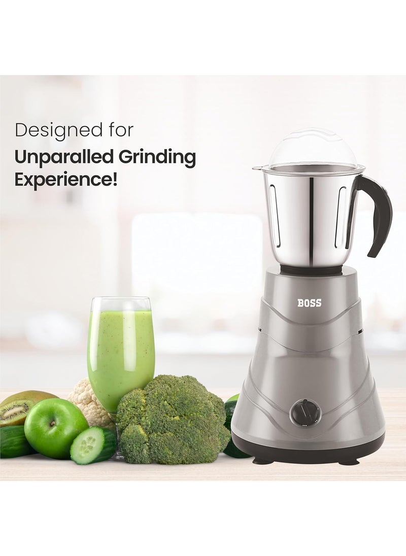 BOSS Alpha 750W Mixer Grinder with Powerful Motor, 5 years warranty* & Overload Protection, 3 Stainless Steel Jars, Grey