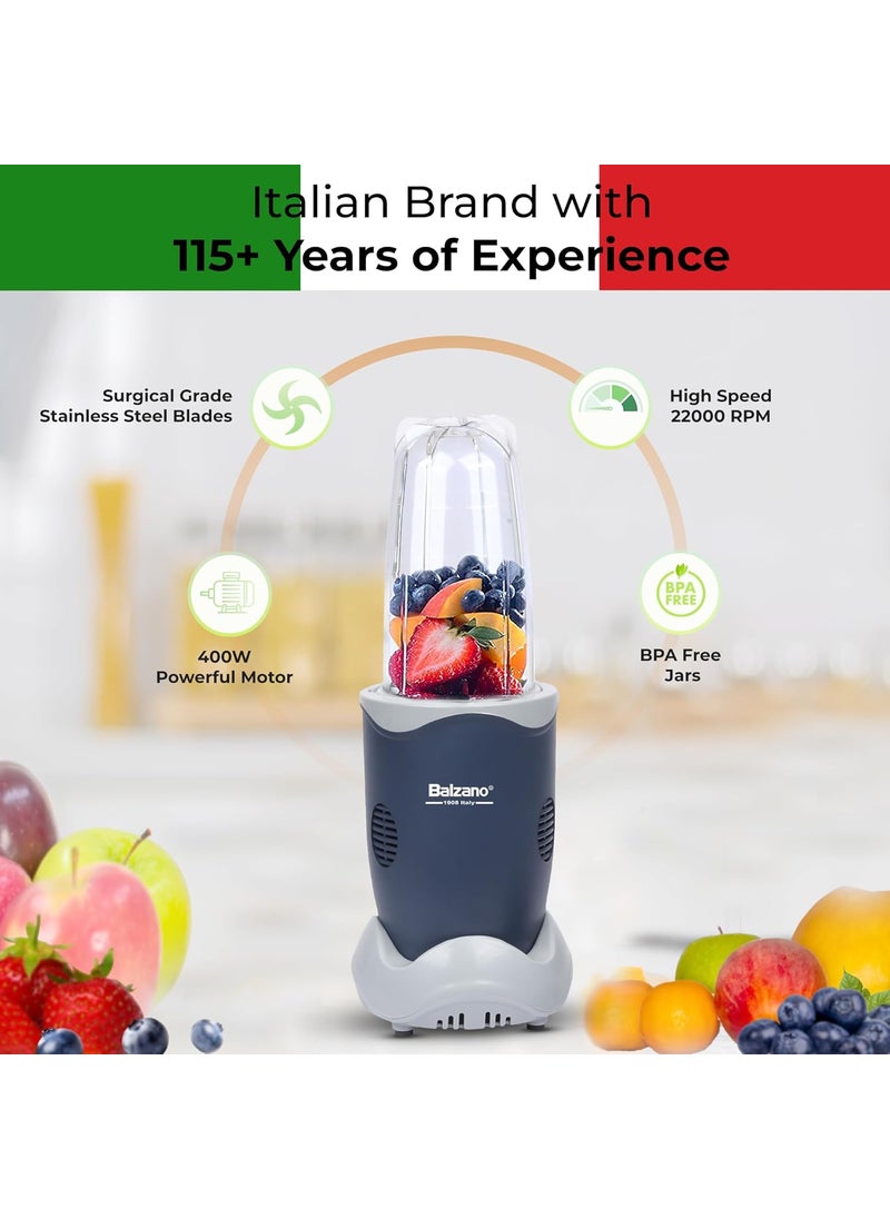 Balzano Bullet Mixer Grinder, Blender for Smoothie and Juices, Nutri Blender, 400W Copper Motor, Smoothie Blender, Italian Design, Blender for Kitchen