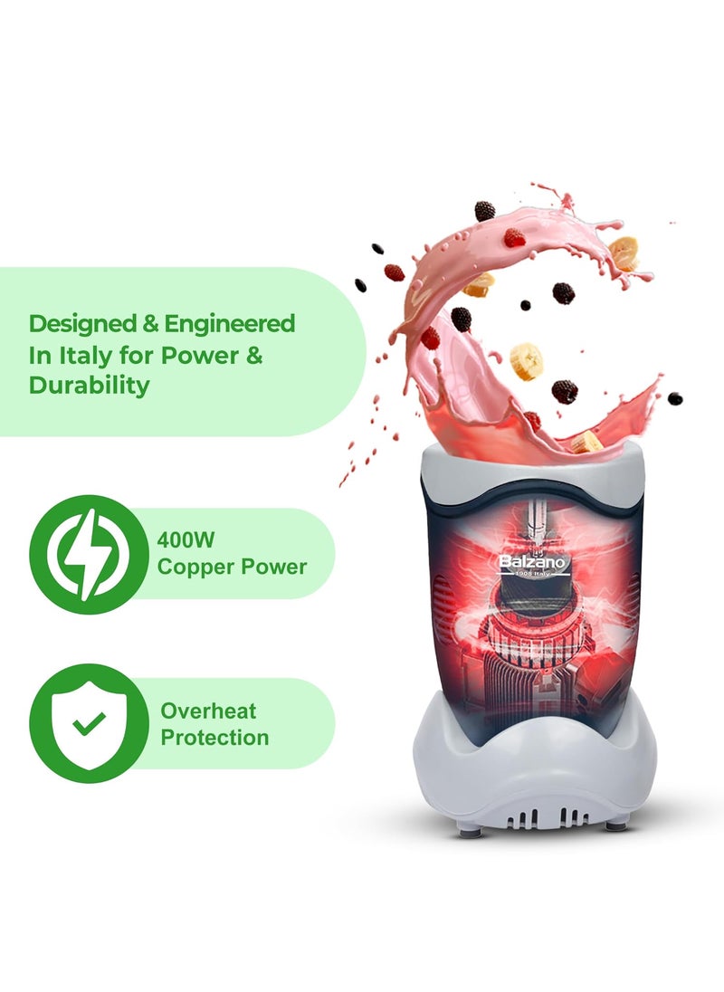 Balzano Bullet Mixer Grinder, Blender for Smoothie and Juices, Nutri Blender, 400W Copper Motor, Smoothie Blender, Italian Design, Blender for Kitchen