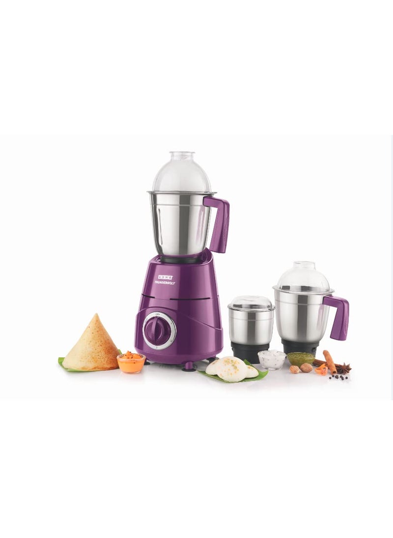 USHA Thunderbolt 800W with 3 Jars, 100% Copper Motor, 3 multi-purpose heavy gauge SS Jars with flow breakers, Metallic Finish, 5 Years Warranty on Motor (Lavender Sparkle)