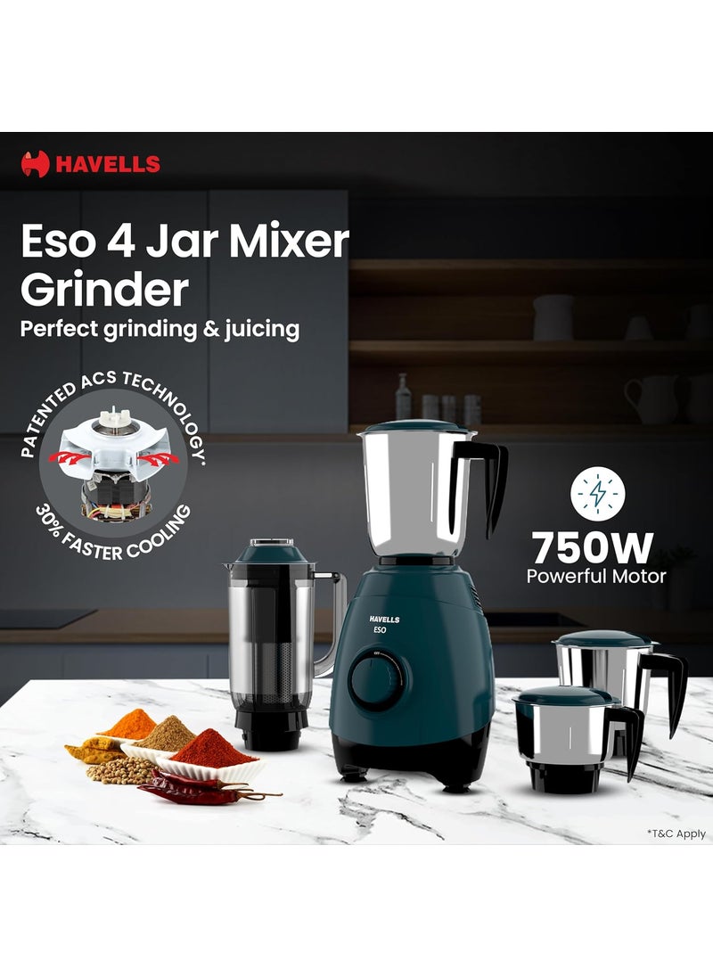 Havells ABS ESO 750W 4 JAR Mixer Grinder, Heavy and Wider Mouth SS Blades & Jars, All Jars with Handle & One Juicer Jar, Mixie For Kitchen, 2 Year Product & 5 Year Motor Manufacturer Warranty (Teal)