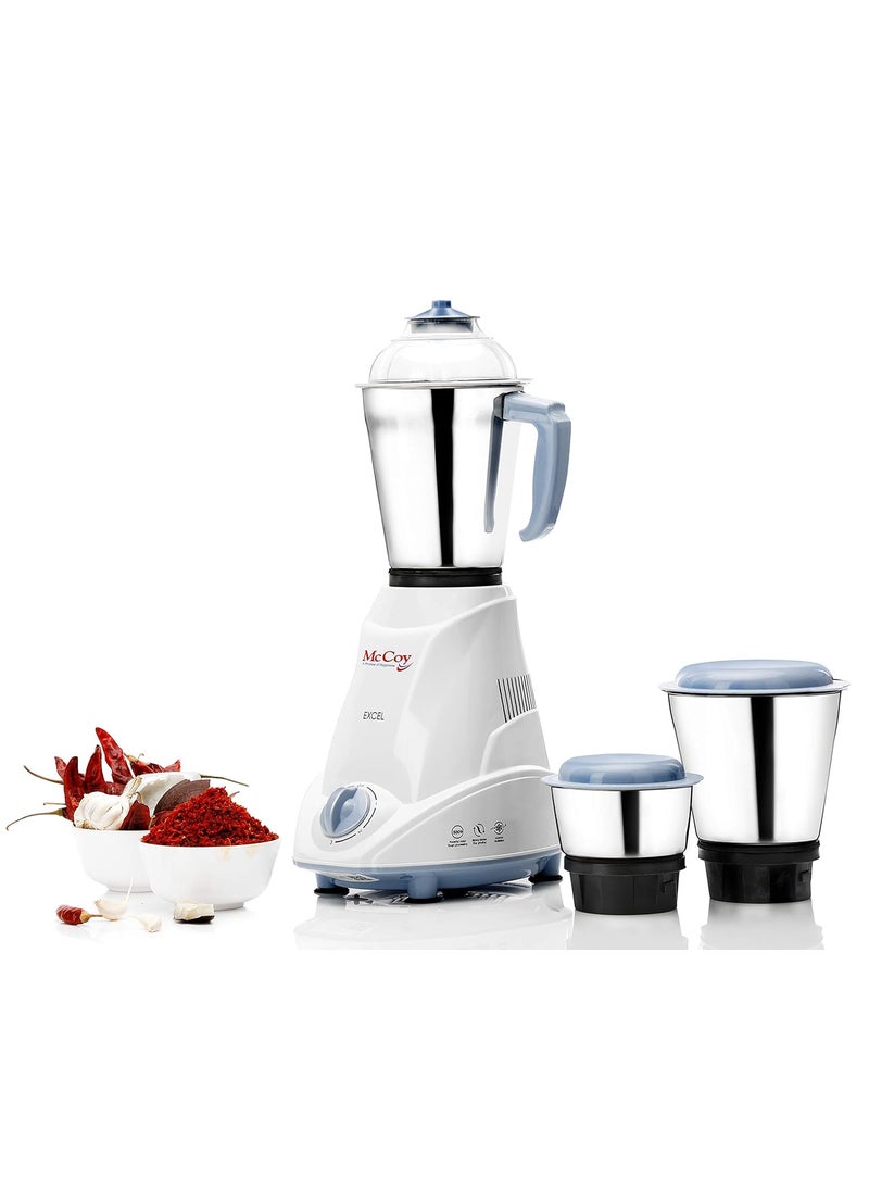McCoy Excel 500-Watt Mixer Grinder with 3 Jars (White/Blue)