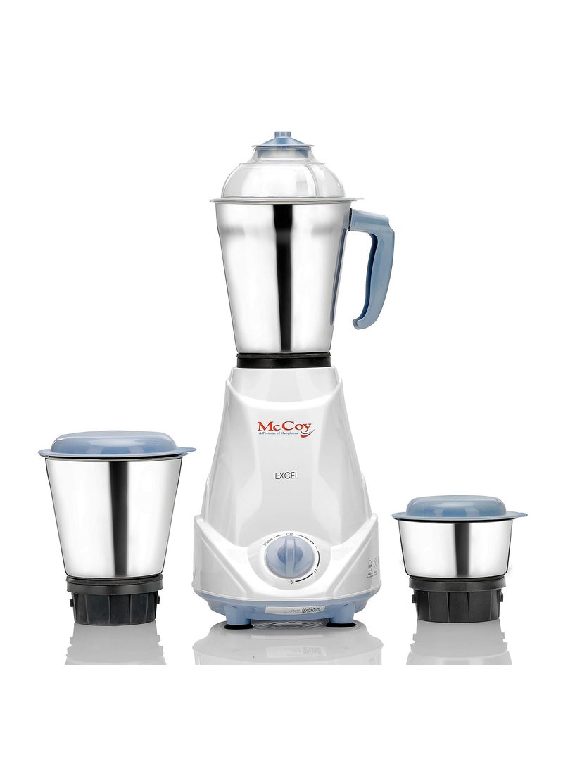 McCoy Excel 500-Watt Mixer Grinder with 3 Jars (White/Blue)