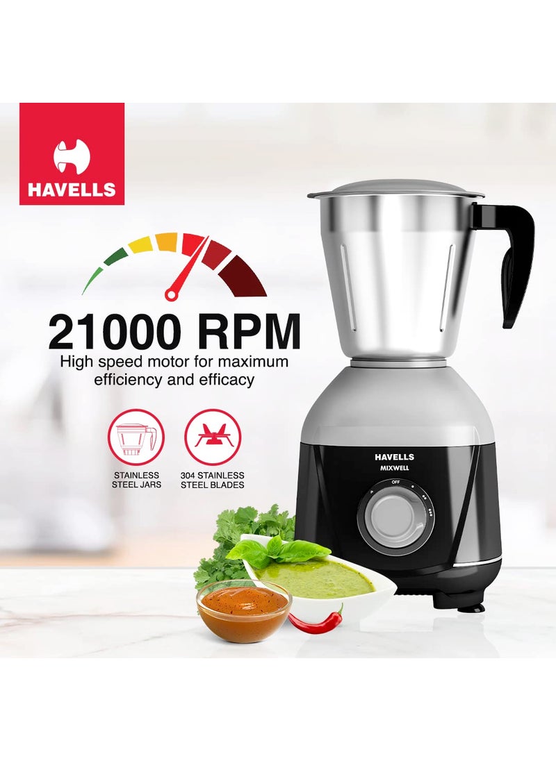 Havells MIXWELL 500 W 3 Jar Mixer Grinder, 304 SS Blades I High Speed 21000 RPM Motor, Heavy and Wider mouth SS Jars, All Jars with Handle (Black and Grey)