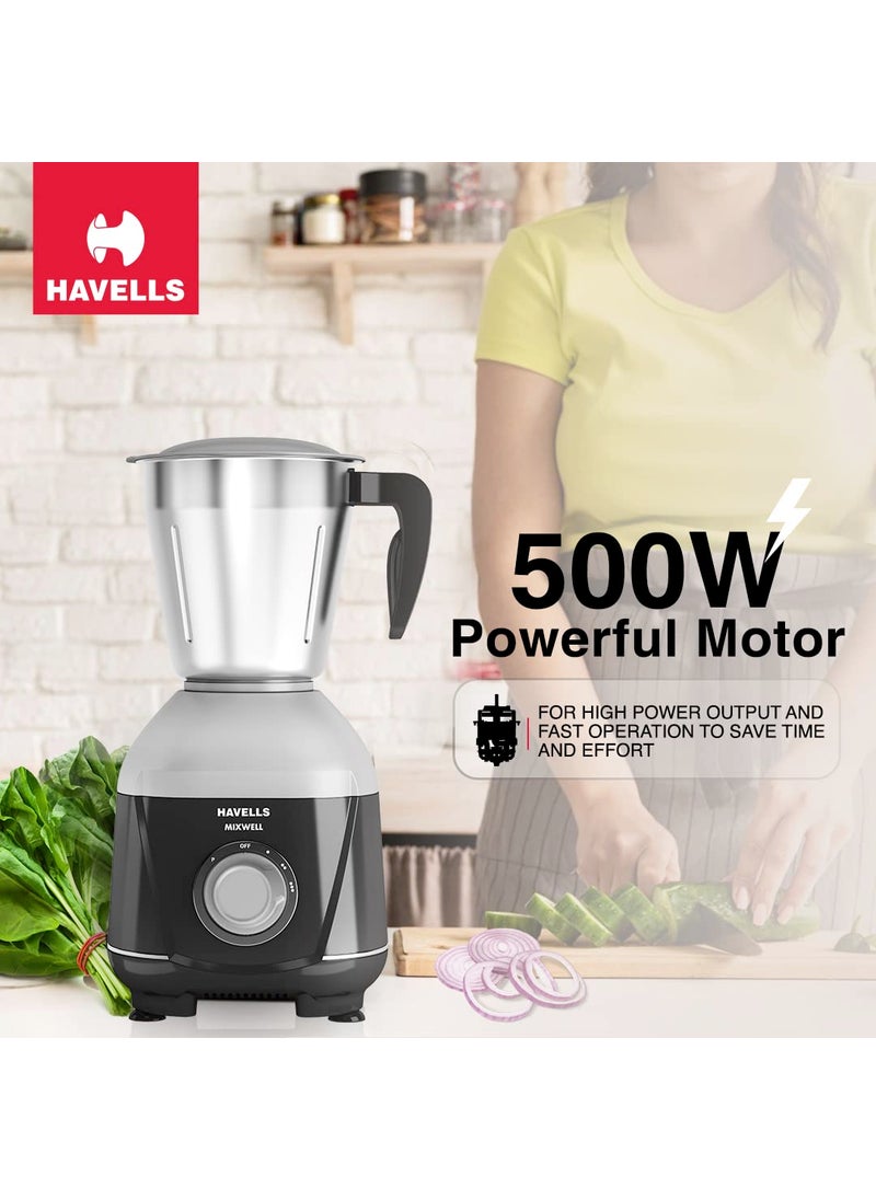 Havells MIXWELL 500 W 3 Jar Mixer Grinder, 304 SS Blades I High Speed 21000 RPM Motor, Heavy and Wider mouth SS Jars, All Jars with Handle (Black and Grey)
