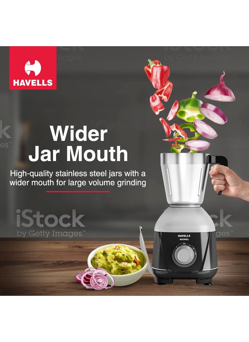 Havells MIXWELL 500 W 3 Jar Mixer Grinder, 304 SS Blades I High Speed 21000 RPM Motor, Heavy and Wider mouth SS Jars, All Jars with Handle (Black and Grey)