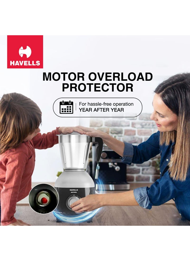 Havells MIXWELL 500 W 3 Jar Mixer Grinder, 304 SS Blades I High Speed 21000 RPM Motor, Heavy and Wider mouth SS Jars, All Jars with Handle (Black and Grey)