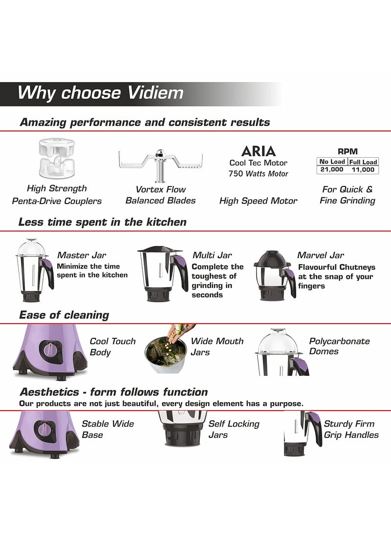 Vidiem Mixer Grinder 609 A Aster (Lavender) | 750 Watts Mixer Grinder with 3 Leakproof Jars with self-lock for wet & dry spices chutneys & curries | 2 Years Warranty
