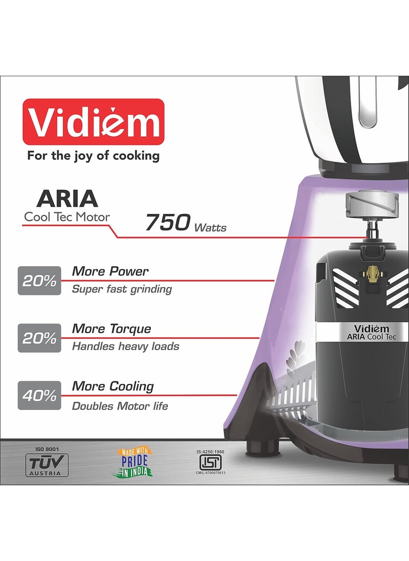 Vidiem Mixer Grinder 609 A Aster (Lavender) | 750 Watts Mixer Grinder with 3 Leakproof Jars with self-lock for wet & dry spices chutneys & curries | 2 Years Warranty