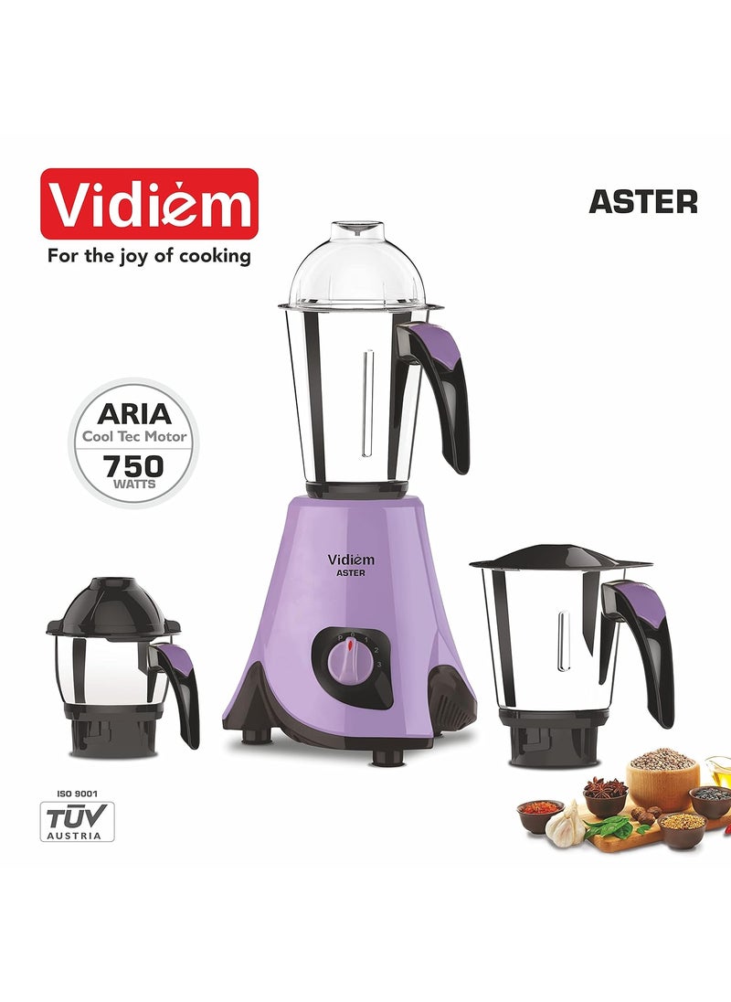 Vidiem Mixer Grinder 609 A Aster (Lavender) | 750 Watts Mixer Grinder with 3 Leakproof Jars with self-lock for wet & dry spices chutneys & curries | 2 Years Warranty