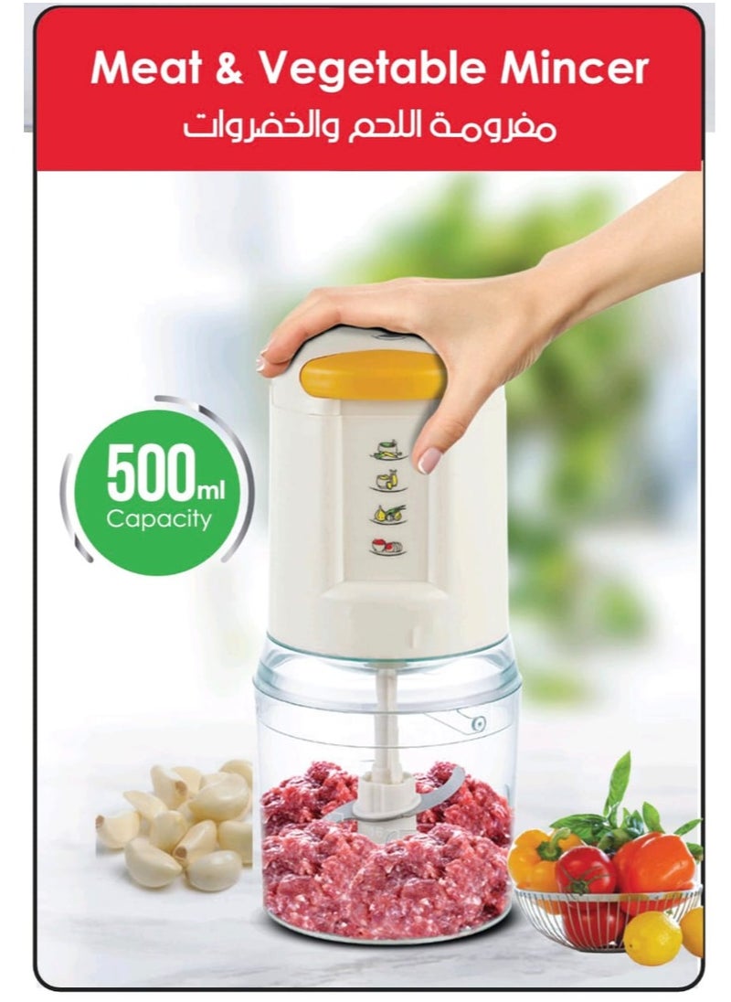 Food Chopper & Mincer – 500W Powerful Copper Motor, 500ml Stainless Steel Bowl, Dual Stainless Steel Blades for Meat, Vegetables, Fruits, Baby Food, and Homemade Sauces