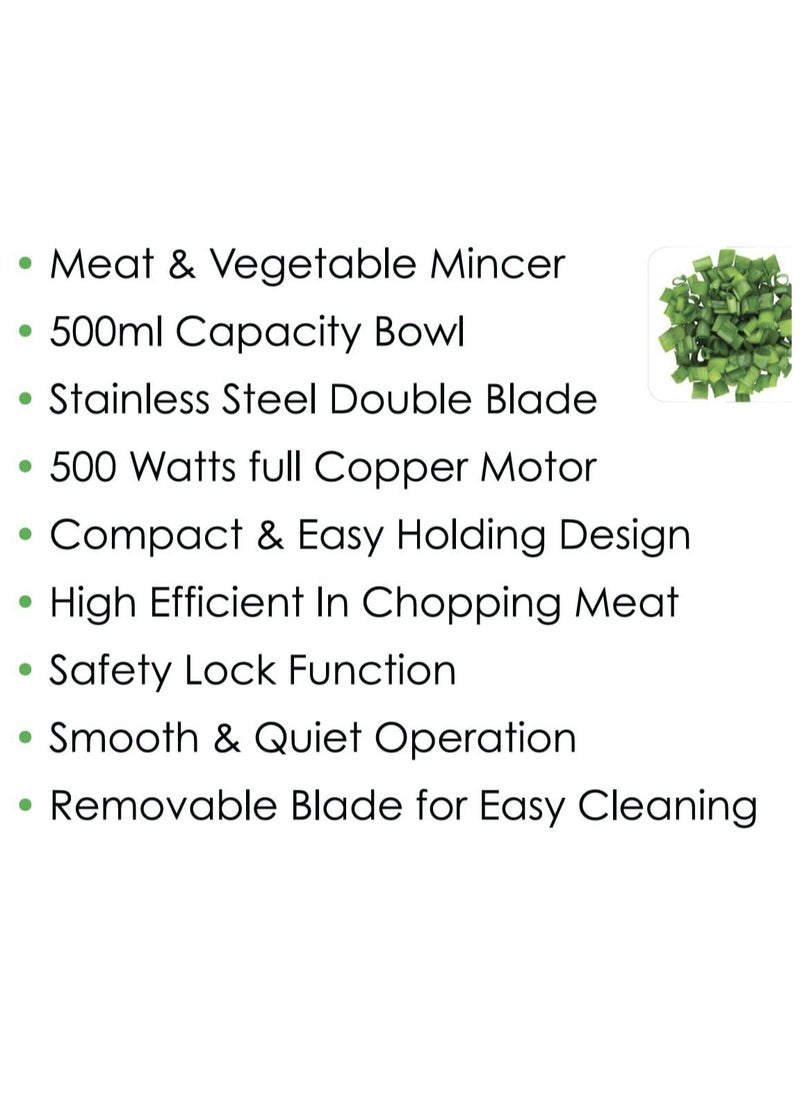 Food Chopper & Mincer – 500W Powerful Copper Motor, 500ml Stainless Steel Bowl, Dual Stainless Steel Blades for Meat, Vegetables, Fruits, Baby Food, and Homemade Sauces