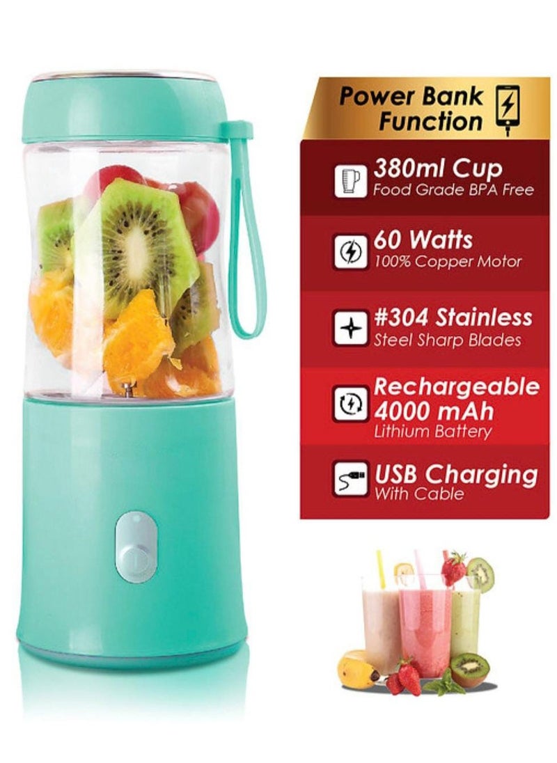 Food Chopper & Blender with Powerbank, 380ml Cup, 60W Powerful Motor, USB Charging with Cable, Portable Power Bank Design rechargeable Function– Vegetable, Nut, Herb Grinder for Kitchen, Travel, Camping