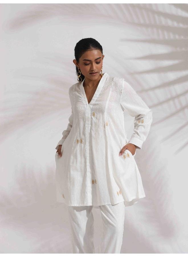trueBrowns Off-White Cotton Embroidered A-line Co-ord Set