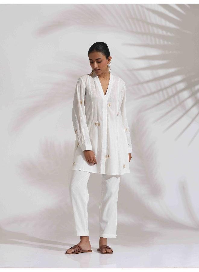trueBrowns Off-White Cotton Embroidered A-line Co-ord Set