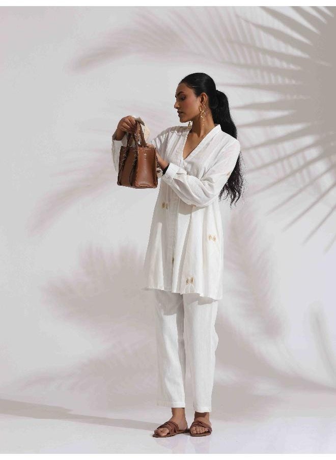 trueBrowns Off-White Cotton Embroidered A-line Co-ord Set