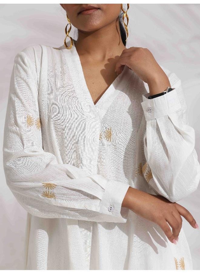 trueBrowns Off-White Cotton Embroidered A-line Co-ord Set