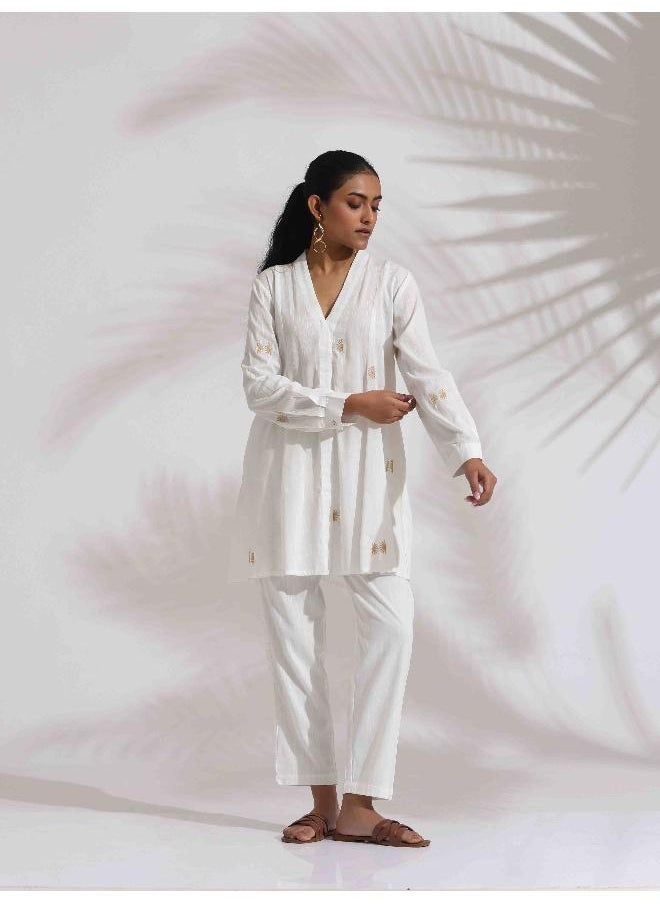 trueBrowns Off-White Cotton Embroidered A-line Co-ord Set