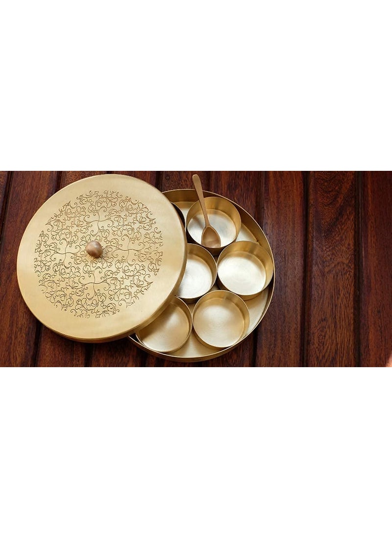 QUESERA Floral-Etched' Handcrafted Brass Spice Box Set for Kitchen with Spoon,Spice Box/Brass Masala Box/Masala Dani/Masala Dabba/Spice Container